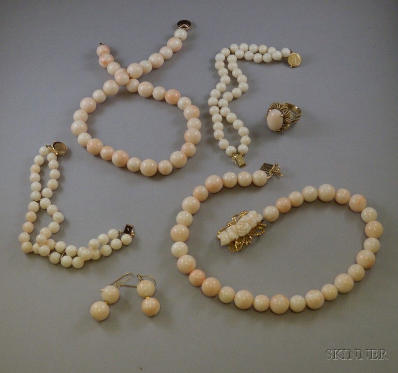 Appraisal: Small Group of Angelskin Coral Jewelry including a pair of