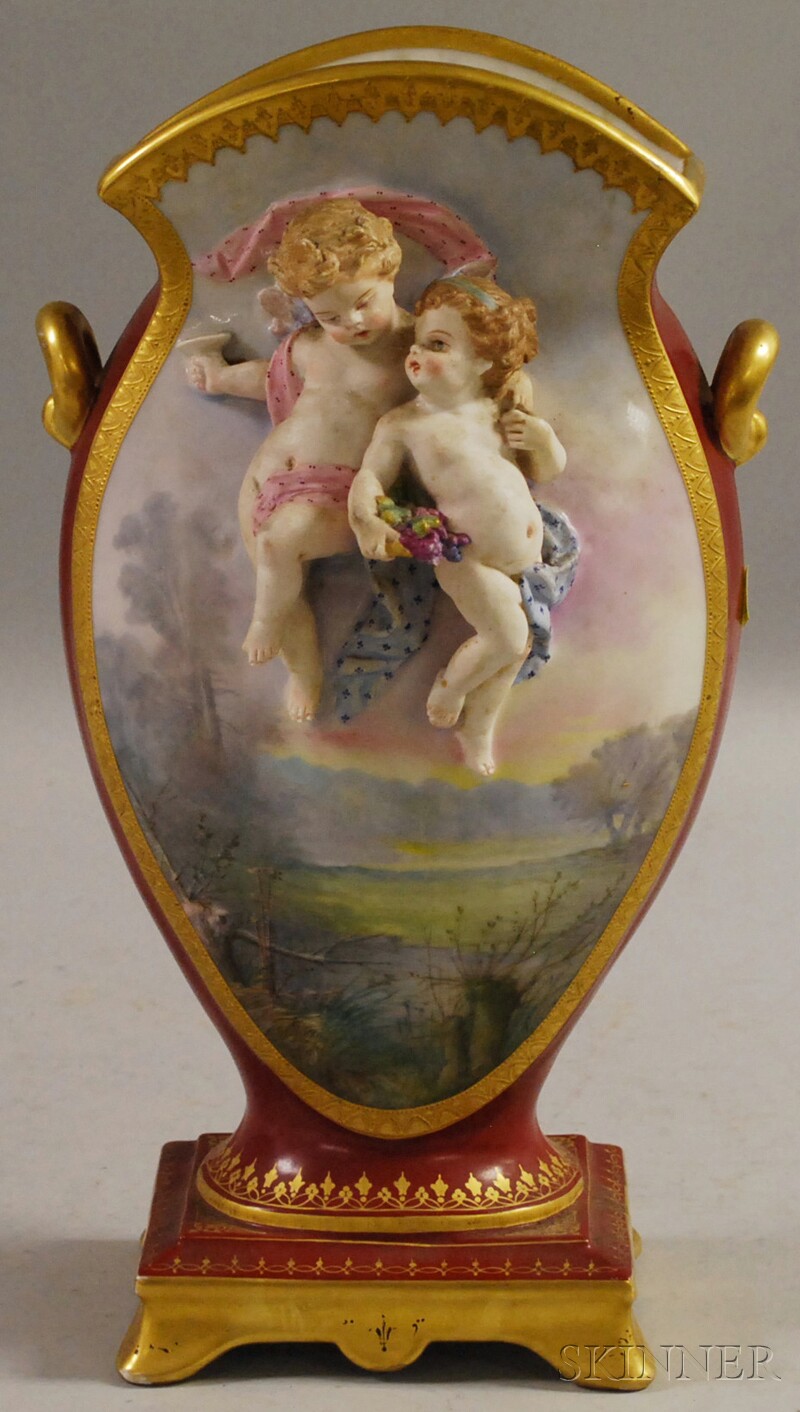 Appraisal: Paris Porcelain Gilt Hand-painted Landscape-decorated and Red-ground Mantel Vase with