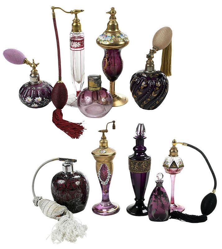 Appraisal: Ten Purple and Pink Glass Bottles and Atomizers Continental late