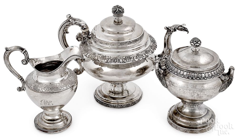 Appraisal: Coin silver teapot sugar and creamer Coin silver teapot sugar