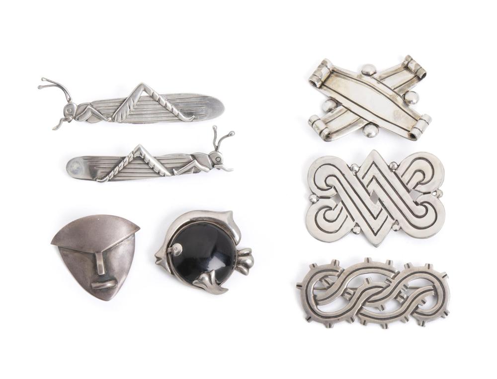 Appraisal: Six Hector Aguilar silver brooches - and - Taxco Mexico