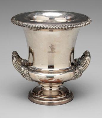 Appraisal: Old Sheffield plate wine cooler urn form reeded loop handles