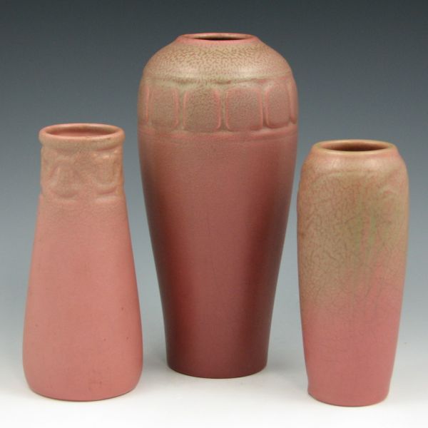 Appraisal: Three Rookwood vases in matte green over pink Taller vase