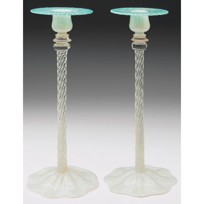 Appraisal: L C Tiffany candlesticks pair large form with spiral ribbed