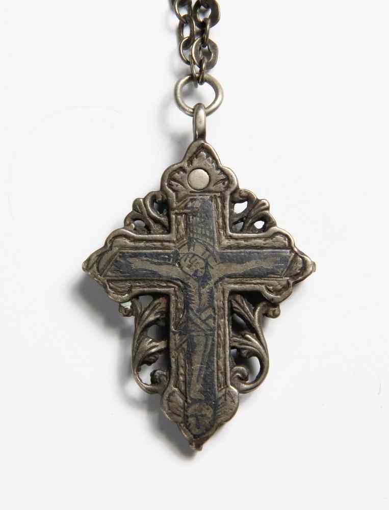 Appraisal: EARLY SILVER AND ENAMEL RELIQUARY CRUCIFIX- on a chain The