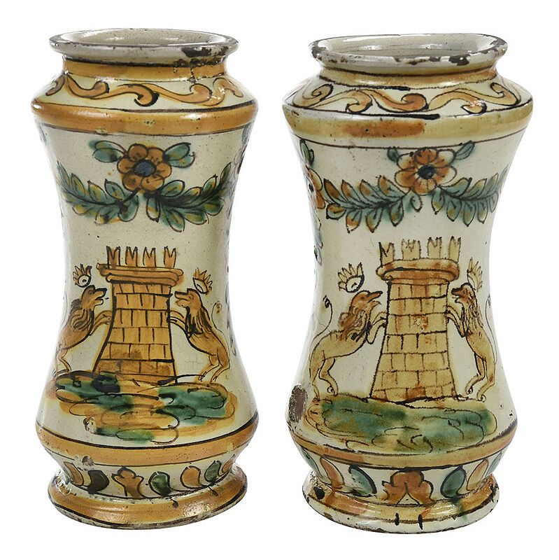 Appraisal: Pair of Italian Polychrome Majolica Albarellos probably th century waisted