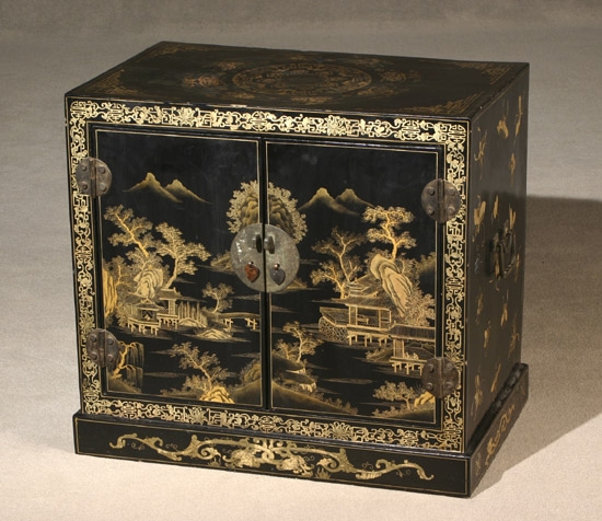 Appraisal: Chinese Parcel Gilt Black Lacquered Wood Low Cabinet th Century