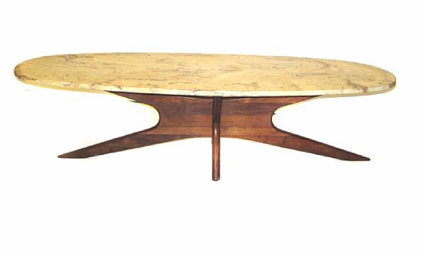 Appraisal: A surfboard table with marble top height in width in