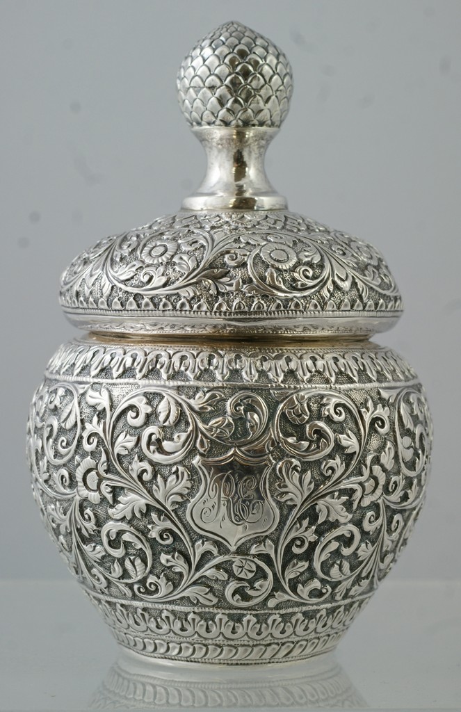 Appraisal: Unusually Shaped Indian Silver Spice Box approx - high point