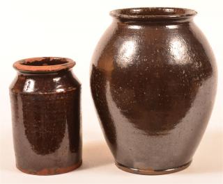 Appraisal: Manganese Glazed Redware Pottery Storage Jars Two th Century Manganese