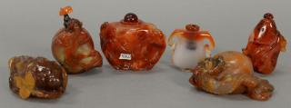 Appraisal: Six carved agate and hardstone snuff bottles three in the