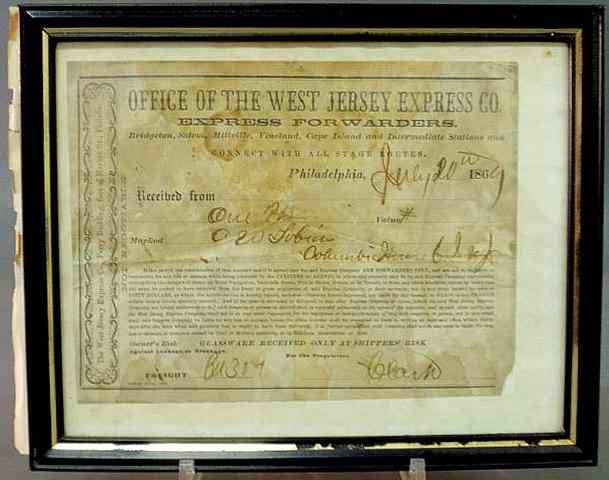 Appraisal: Framed certificate West Jersey Express Co x