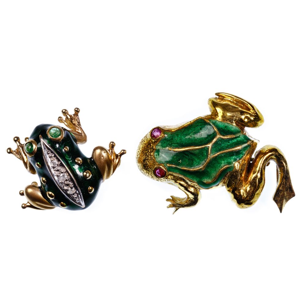 Appraisal: K AND K YELLOW GOLD AND ENAMEL FROG PINS items