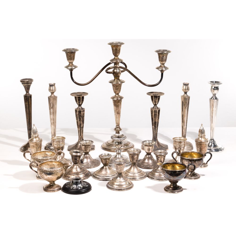 Appraisal: STERLING SILVER TABLEWARE ASSORTMENTIncluding a candelabra candlesticks candle-holders sugar and