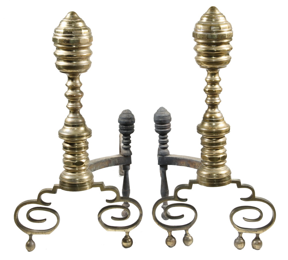 Appraisal: EARLY TH C BRASS ANDIRONS Pair of Early th c