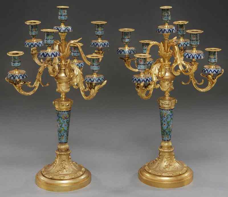 Appraisal: Pr French dore bronze and cloisonne candelabra each with seven