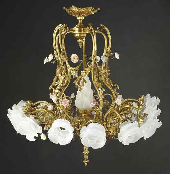 Appraisal: Louis XV style bronze and porcelain chandelierwith a central frosted