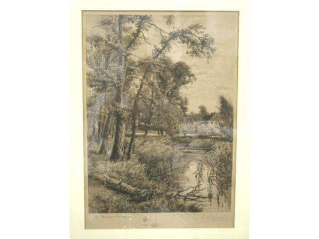 Appraisal: th Century Steel Engraving of a Wooded Stream cottages in