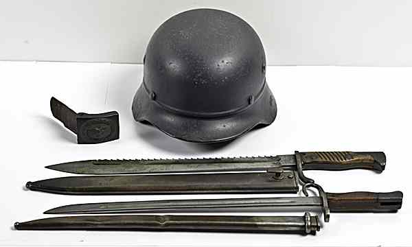 Appraisal: German WWII Late War Police Helmet and Bayonets Lot of