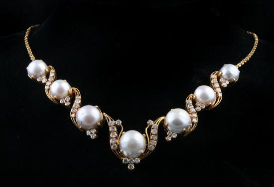 Appraisal: YELLOW GOLD PEARL AND DIAMOND NECKLACE Flexible yellow gold chain