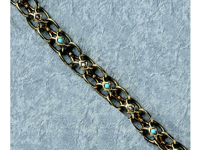 Appraisal: ANTIQUE TURQUOISE AND PEARL BRACELET k yellow gold open double