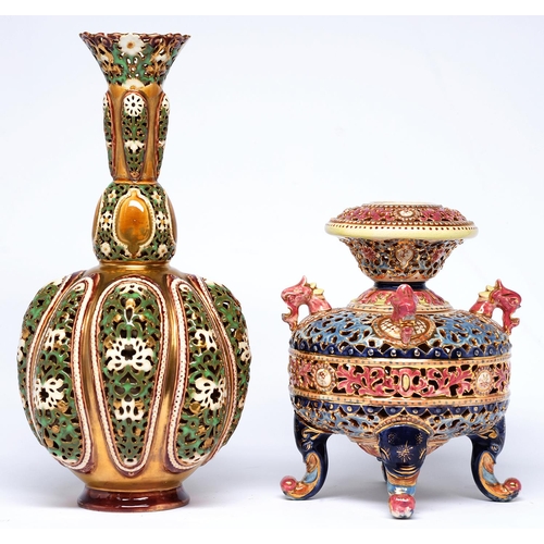 Appraisal: A Zsolnay gilt ground double walled reticulated vase and a