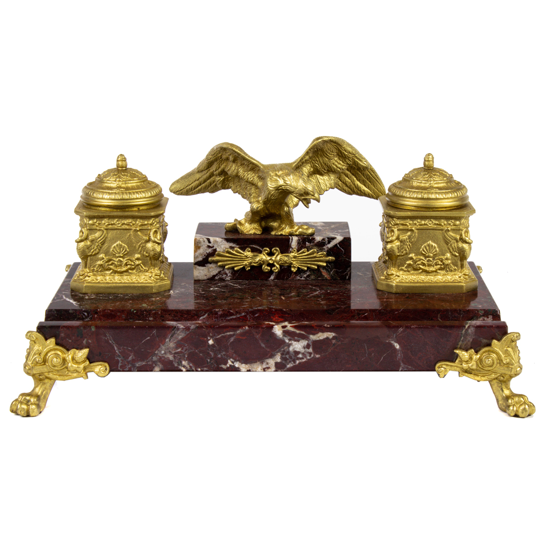 Appraisal: An Empire style gilt bronze and red marble inkstand th