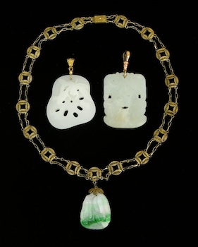 Appraisal: Three Carved Jade Pendants Chinese Containing a carved jadeite pendant