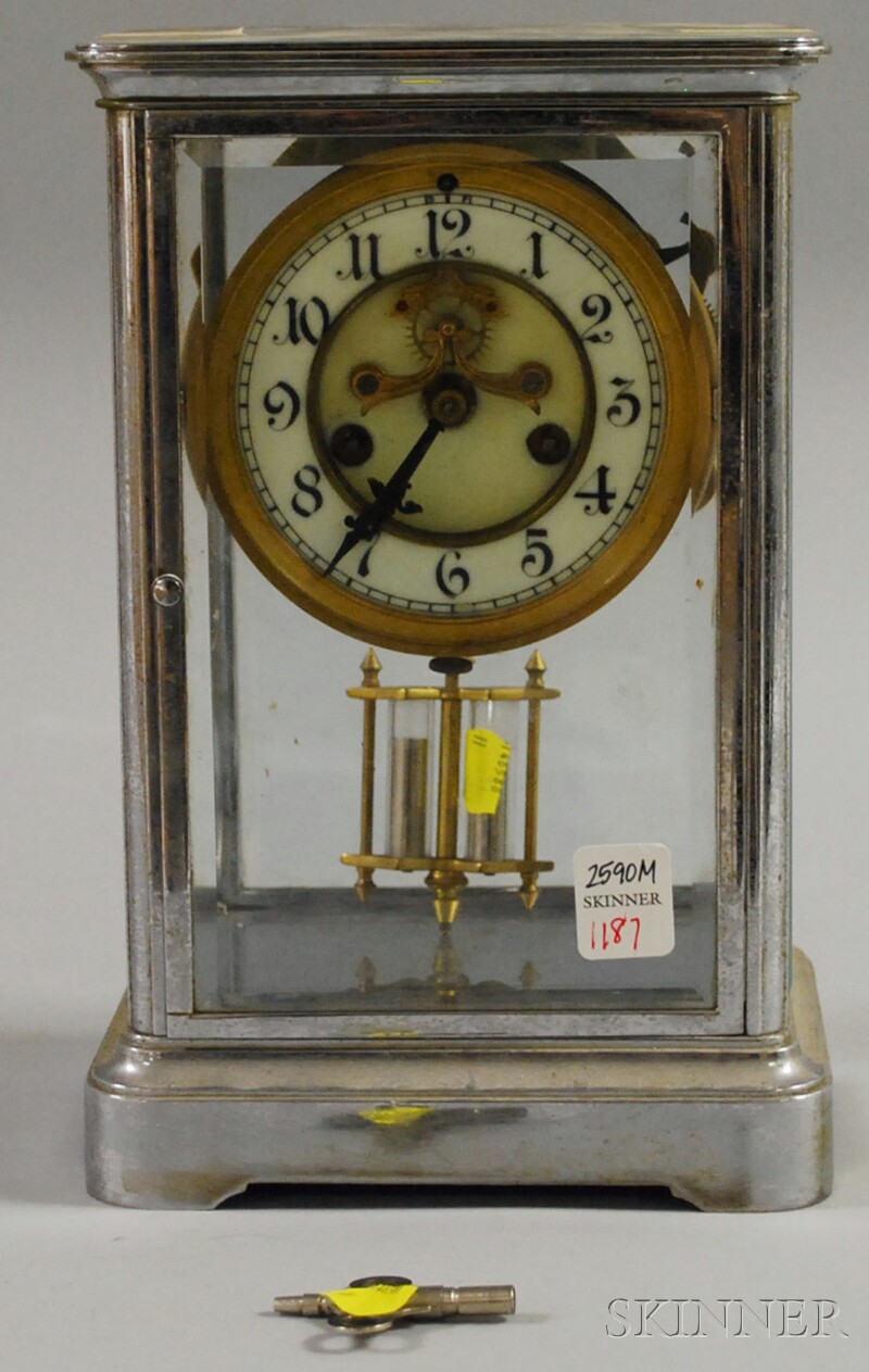 Appraisal: Nickel and Glass Mantel Clock beveled glass on all sides