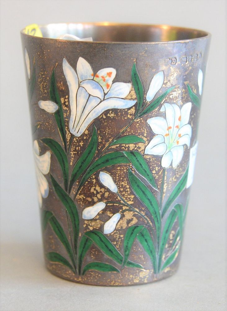 Appraisal: English Sterling Silver Cup with enamelled flowers height inches t