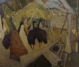 Appraisal: David Schlunke born Emus in Landscape circa oil on board