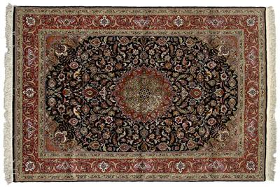 Appraisal: Finely woven silk rug central medallion on black field with