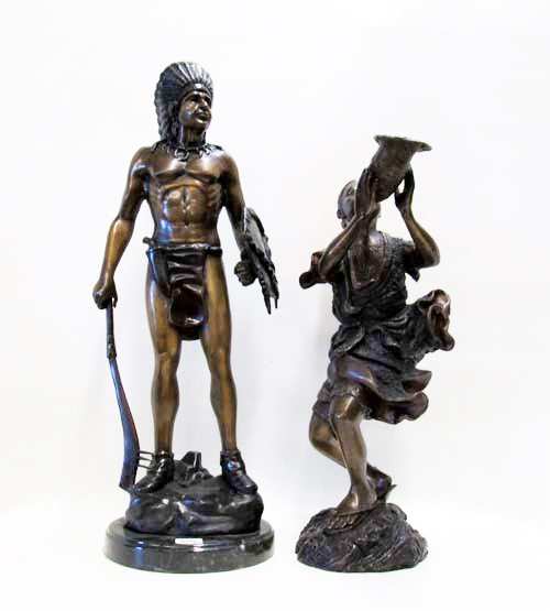 Appraisal: TWO BRONZE FIGURAL SCULPTURES Samurai blowing a buffalo horn H