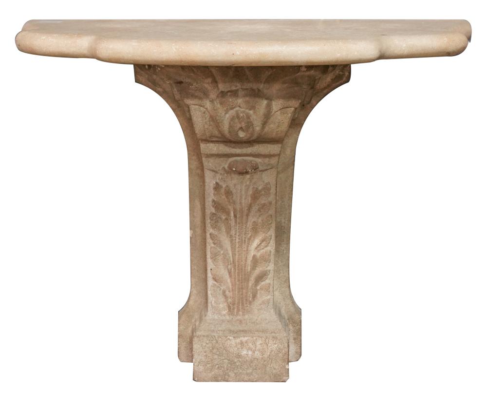 Appraisal: CAST CEMENT CONSOLE TABLEin two parts with travertine stone top