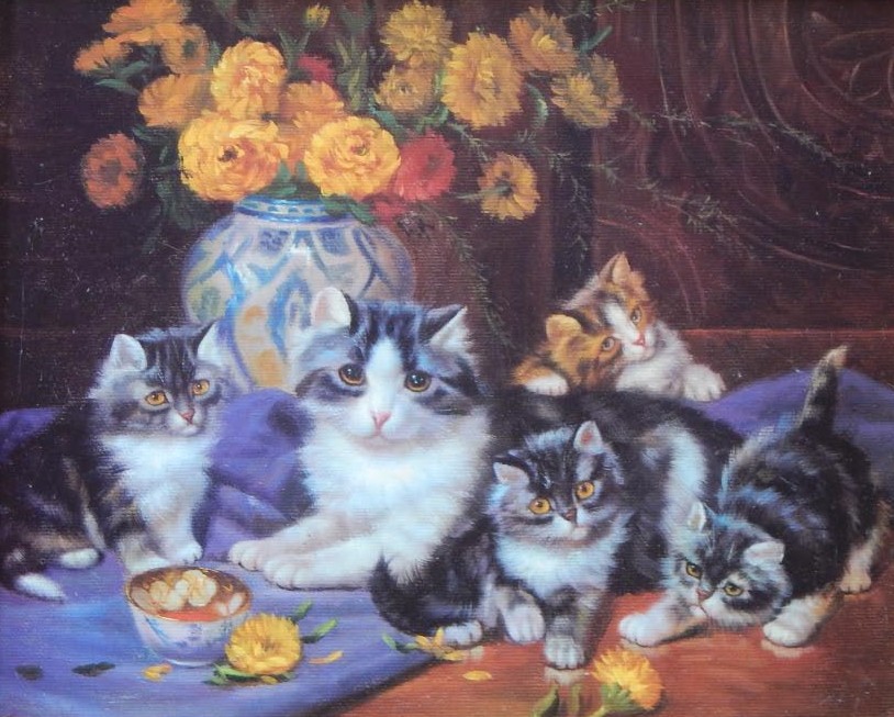 Appraisal: thC Victorian School Cats and flowers oil on board cm