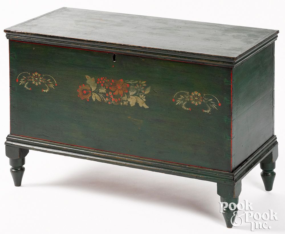 Appraisal: Diminutive painted poplar blanket chest th c Diminutive painted poplar