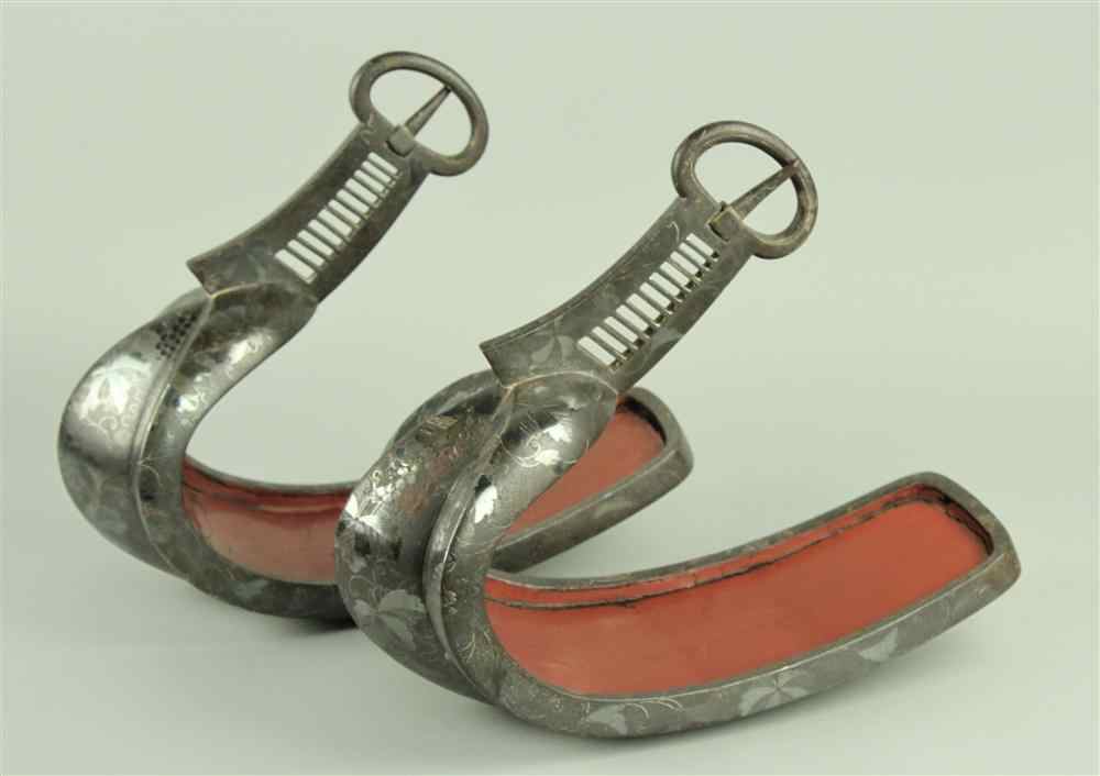 Appraisal: PAIR OF JAPANESE SAMURAI SILVERED AND LACQUERED ABUMI STIRRUPS SIGNED