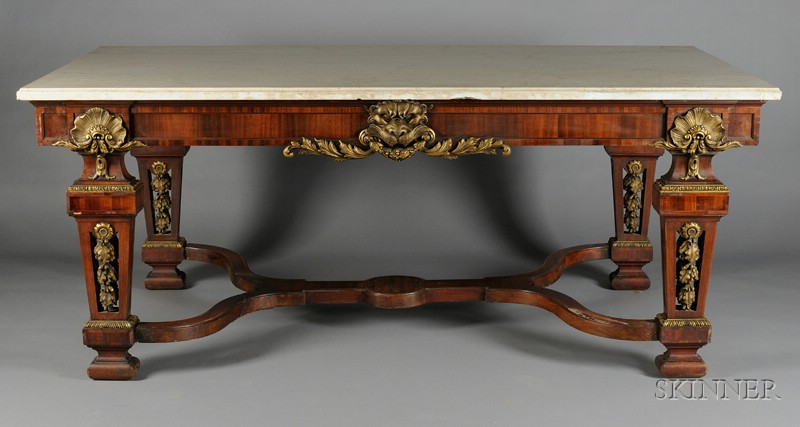 Appraisal: French Baroque Revival Ormolu-mounted and Marble-top Mahogany Center Table labeled