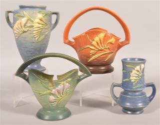 Appraisal: Four Pieces Of Freesia Roseville Art Pottery Vases and Baskets