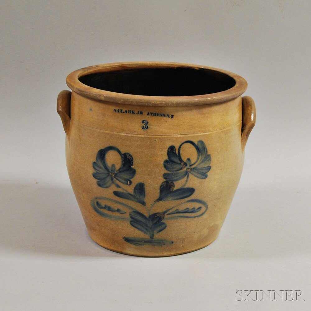 Appraisal: N Clark Jr Cobalt-decorated Three-gallon Stoneware Crock Athens New York