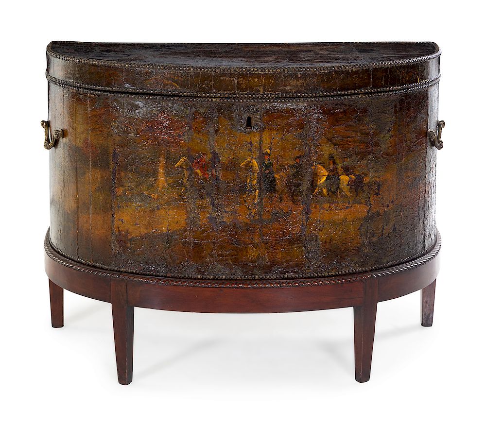 Appraisal: An English Painted Leather-Clad Oak Chest An English Painted Leather-Clad