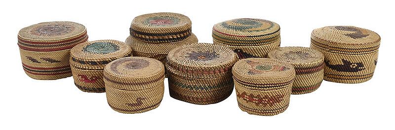 Appraisal: Nine Northwest Coast Lidded Trinket Boxes th century all wrapped