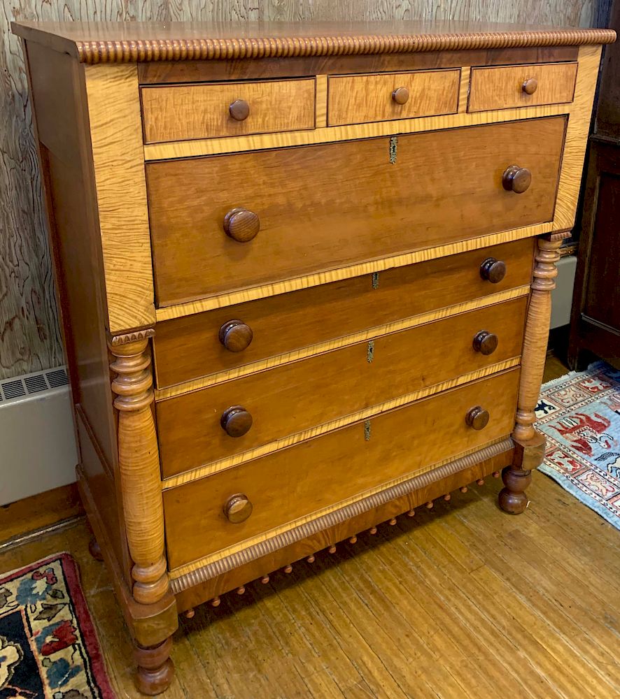 Appraisal: American Tiger Maple Cherry and Mahogany Tall Chest of Drawers