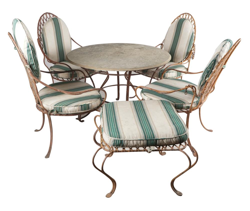 Appraisal: ROSE TARLOW SIX-PIECE IRON FAUX BOIS PATIO SETcomprising a stone-top