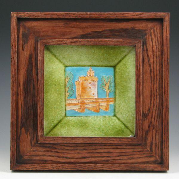 Appraisal: California Faience castle tile or tray in an oak frame