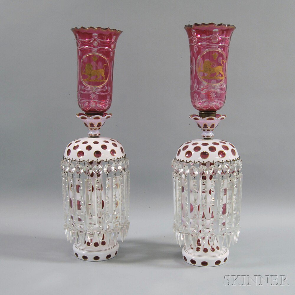 Appraisal: Pair of Overlay Glass Girandoles with Shades late th century