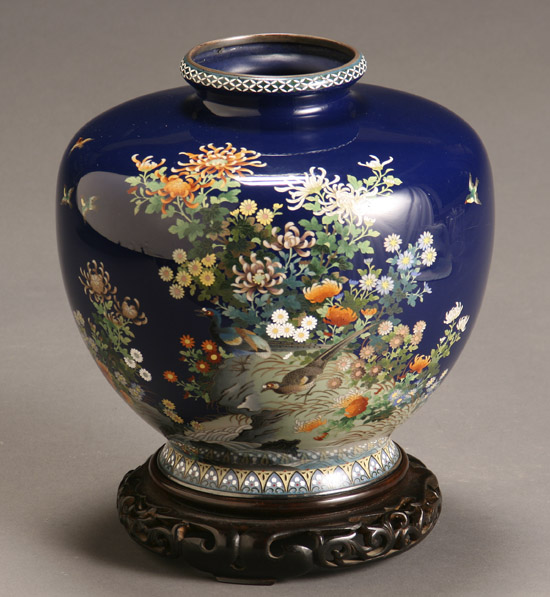 Appraisal: Japanese Silver Mounted Cloisonn Enamel Blue Ground Vase Attributed to