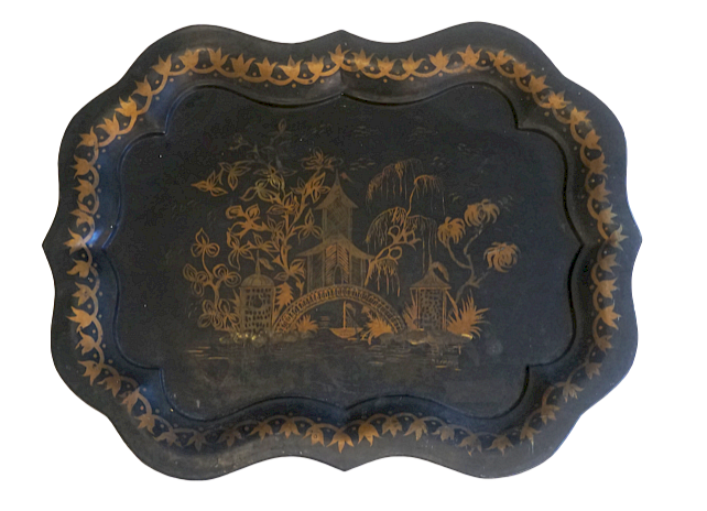 Appraisal: Black Tole Tray with Chinoserie Design Lot Black Tole Tray