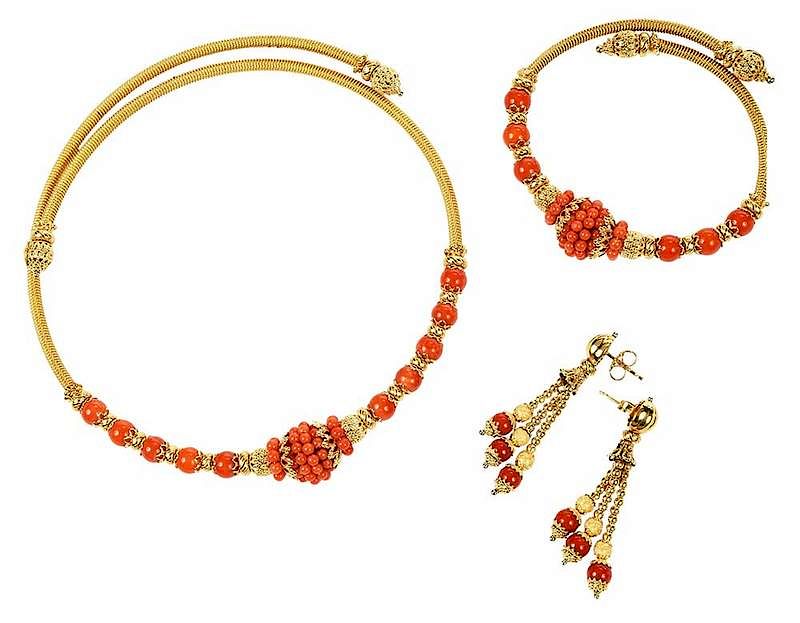 Appraisal: kt Coral Suite matching necklace bracelet and earrings assorted coral