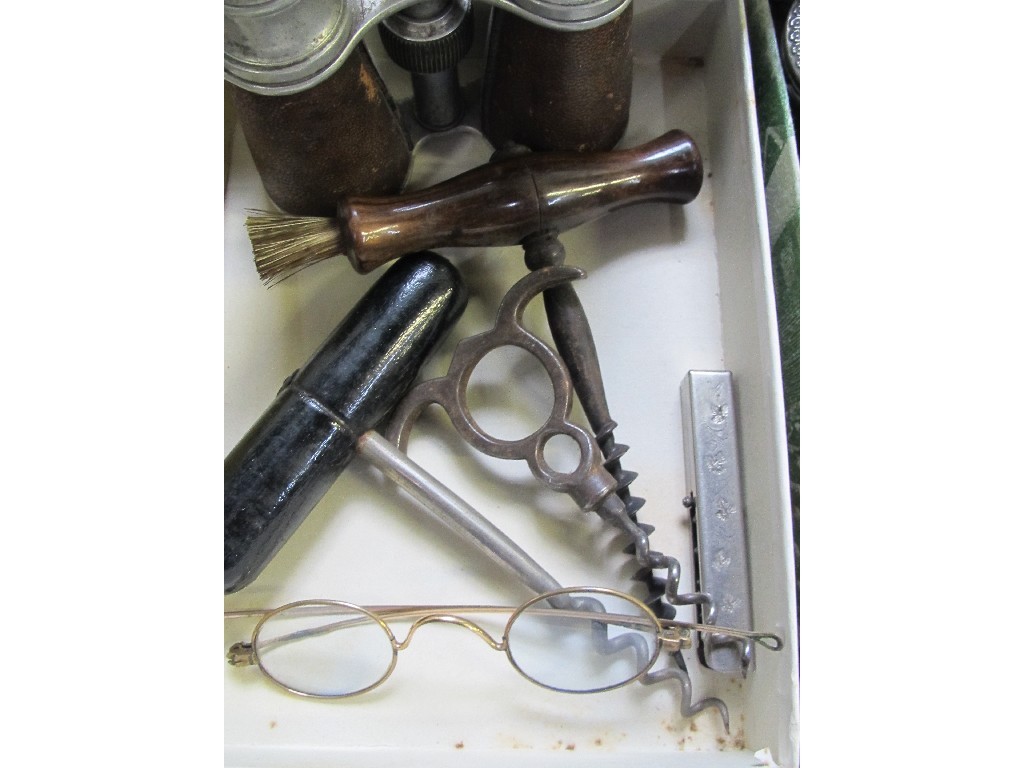 Appraisal: Box of miscellania - corkscrews spectacles etc